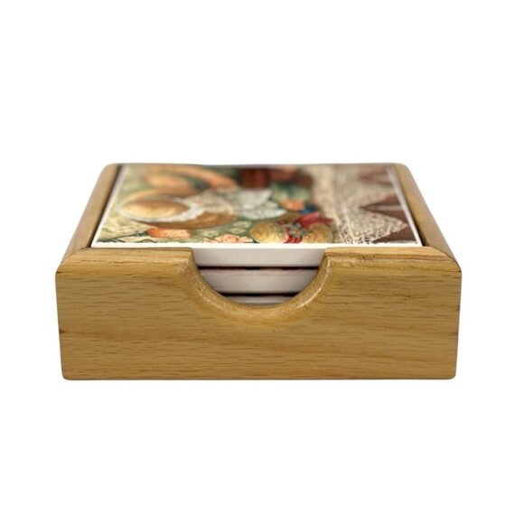 Vintage Anna Krajewski Tile Cork Coasters Set Of 4 With Wood Case Country Hats - Picture 3 of 11